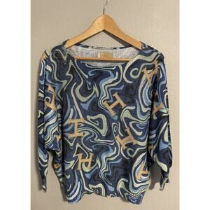 Free For Humanity Womens Knit Top One Size Blue Abstract Stretch Semi Sheer Art